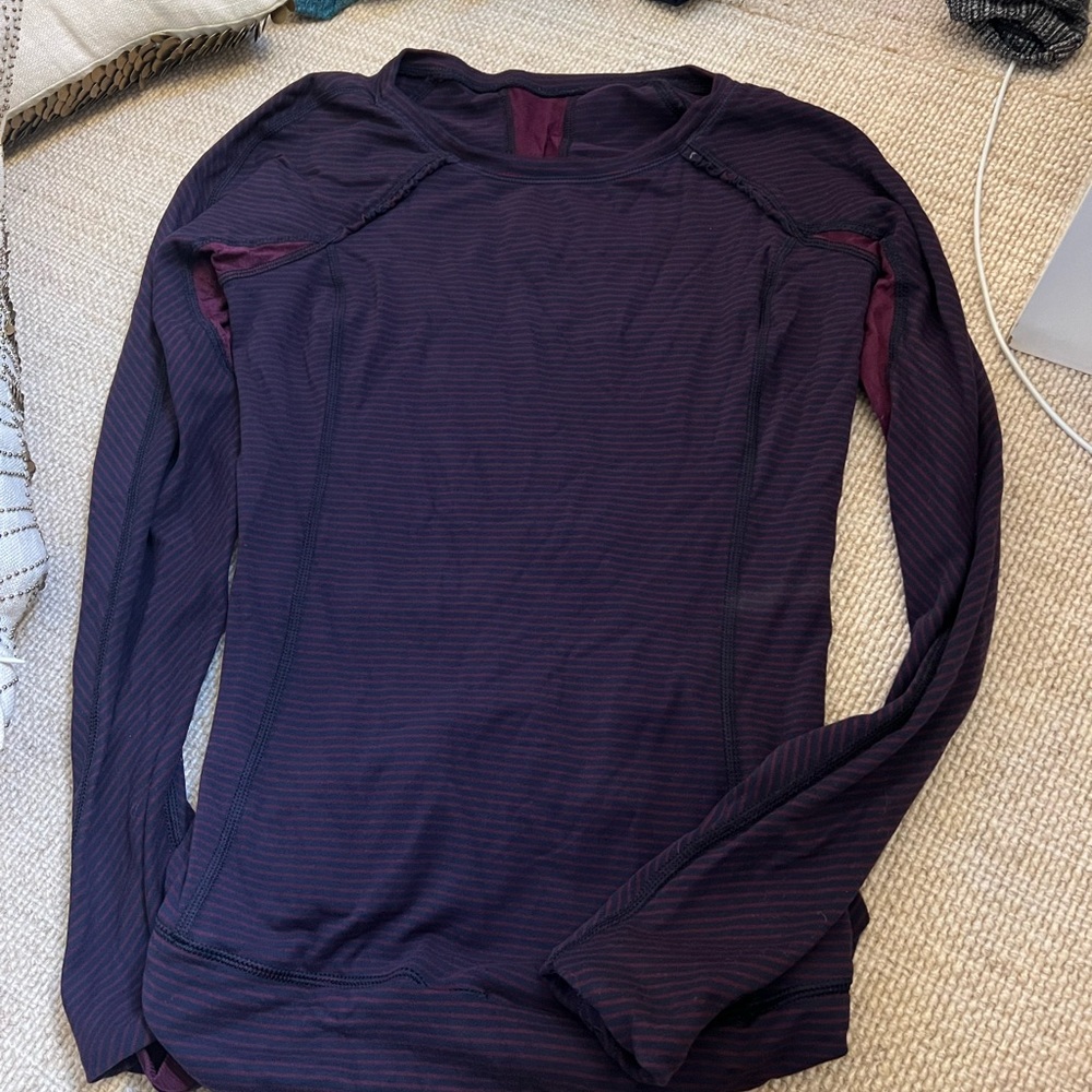 Lululemon tilt long sleeve shirt in maroon and navy striped print